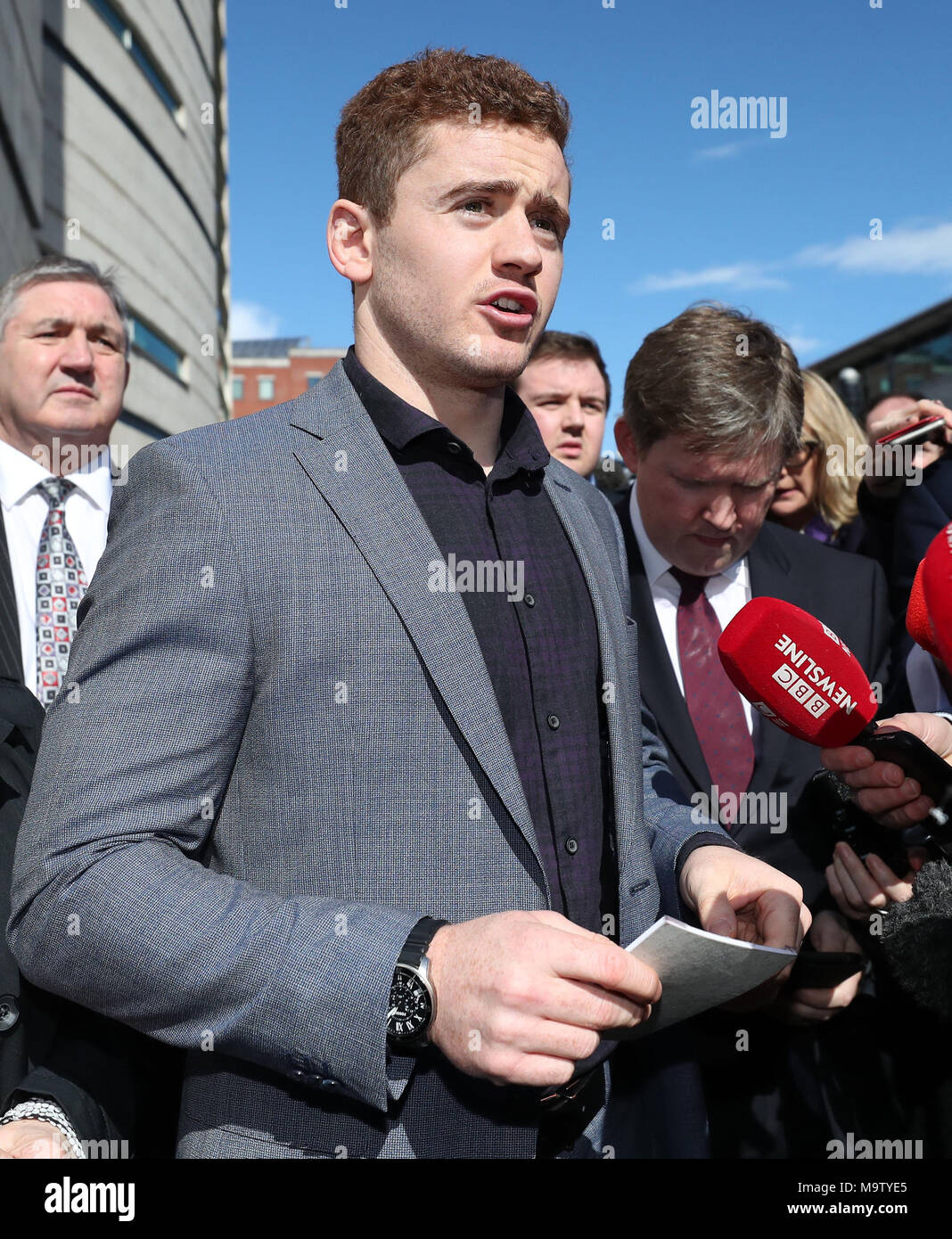 Ireland and Ulster rugby player Paddy Jackson speaking outside Belfast Crown Court after he was found not guilty of raping a woman at a property in south Belfast in June 2016. Stock Photo