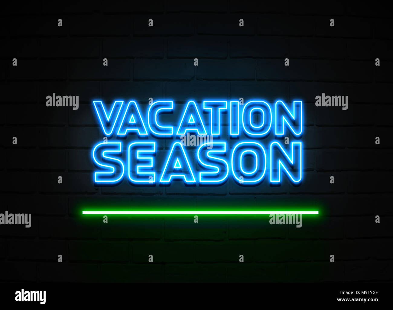 Vacation Season neon sign - Glowing Neon Sign on brickwall wall - 3D rendered royalty free stock illustration. Stock Photo