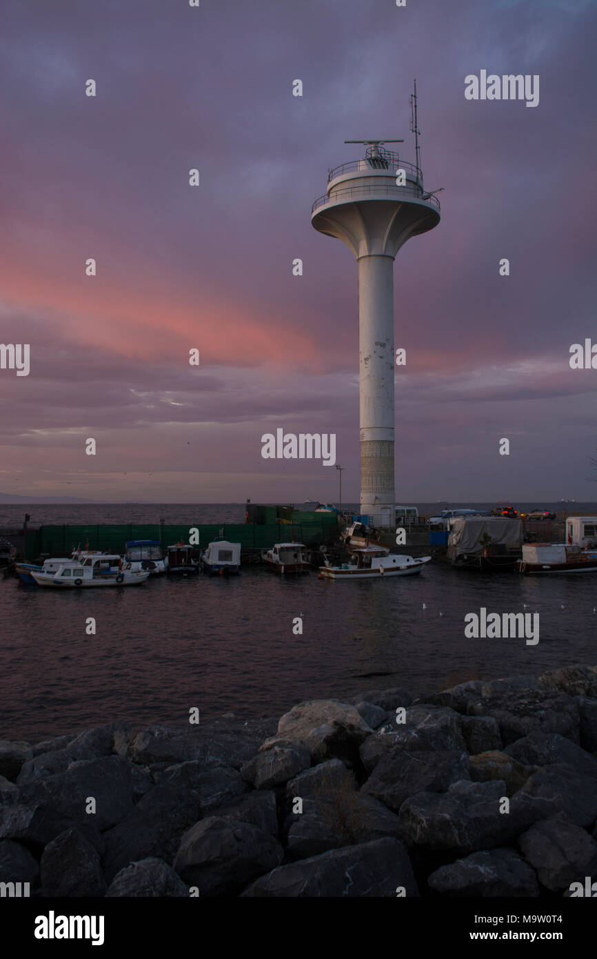 Uskudar vessel traffic radar tower at sunrise Istanbul Turkey Stock Photo