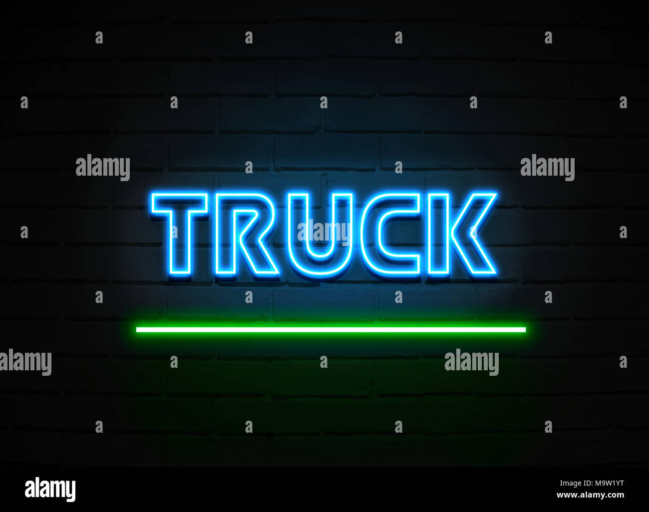 Truck neon sign - Glowing Neon Sign on brickwall wall - 3D rendered royalty free stock illustration. Stock Photo