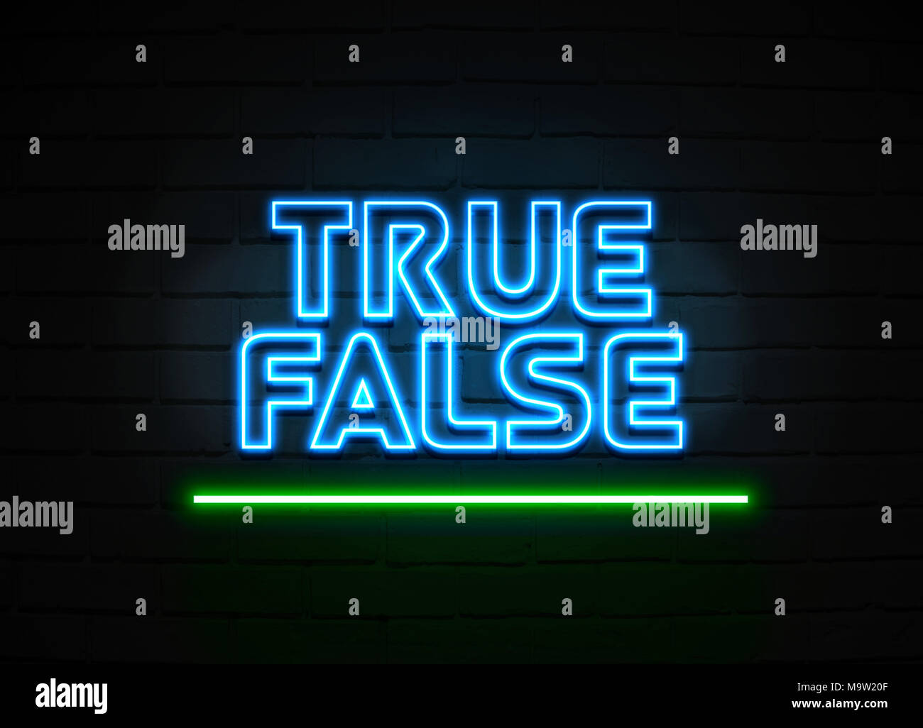 True False neon sign - Glowing Neon Sign on brickwall wall - 3D rendered royalty free stock illustration. Stock Photo
