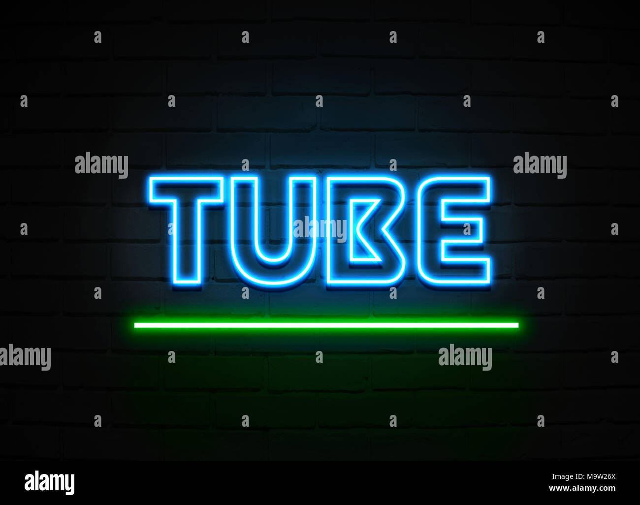 Tube neon sign - Glowing Neon Sign on brickwall wall - 3D rendered royalty free stock illustration. Stock Photo