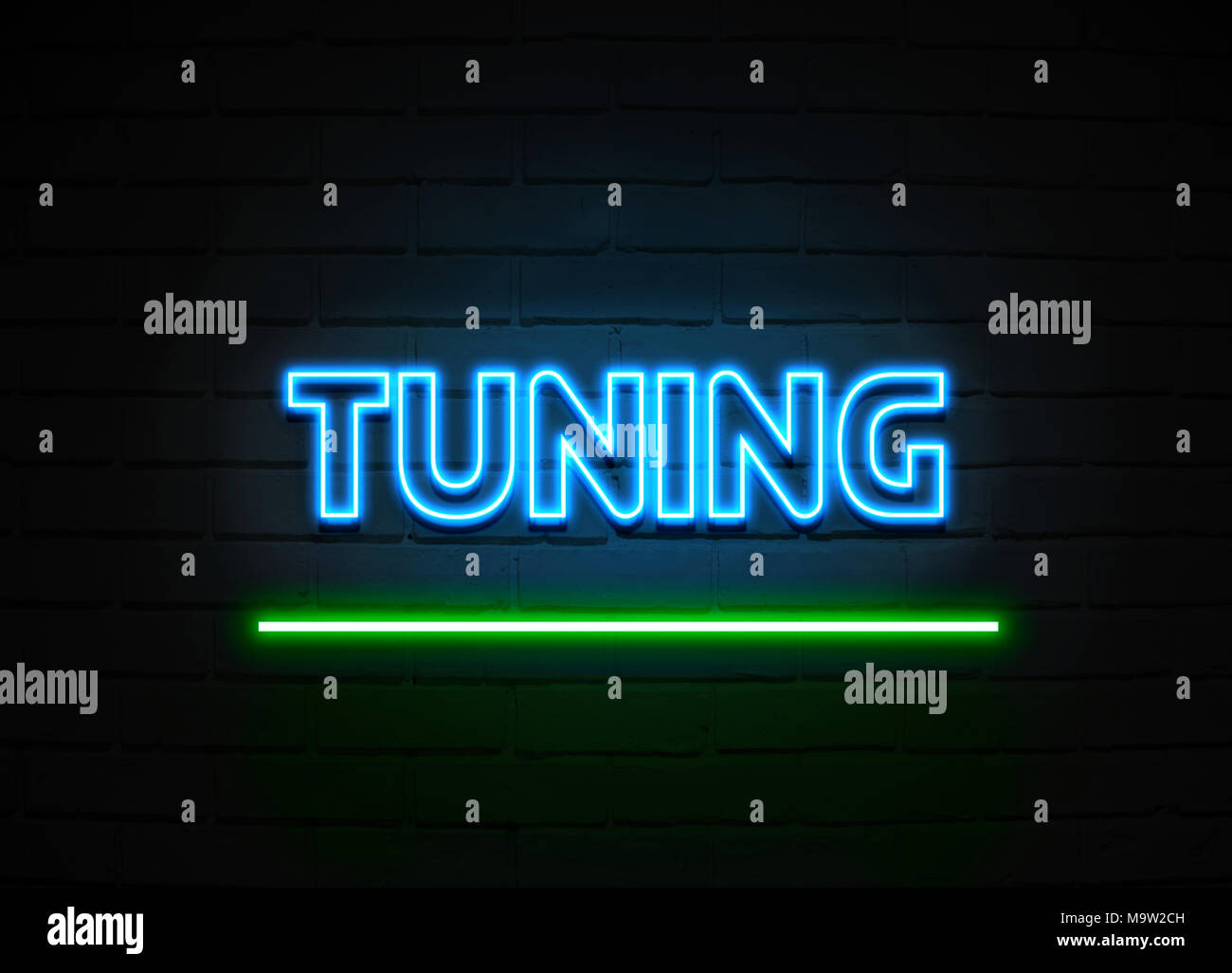 Tuning neon sign - Glowing Neon Sign on brickwall wall - 3D rendered royalty free stock illustration. Stock Photo