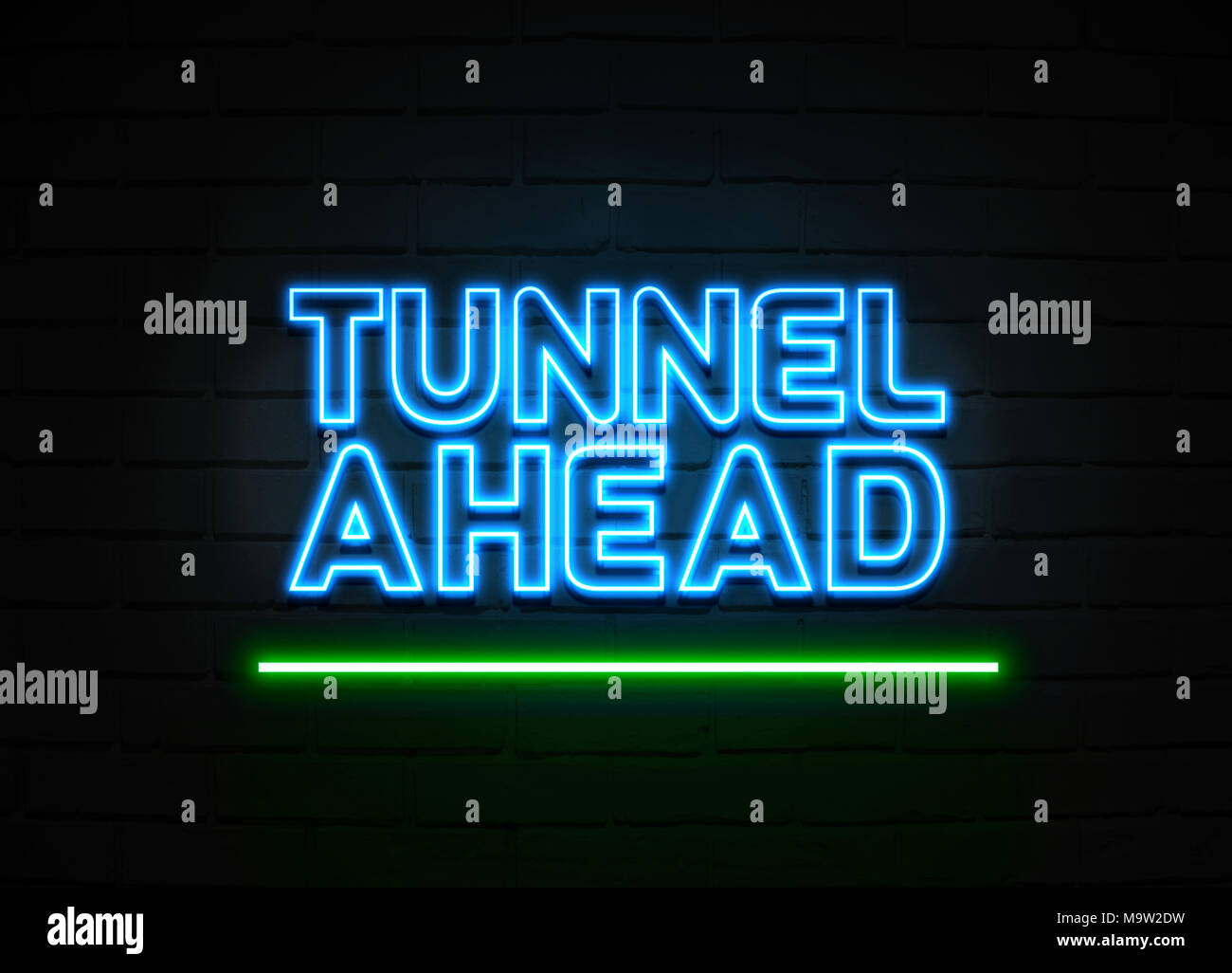 Tunnel Ahead neon sign - Glowing Neon Sign on brickwall wall - 3D