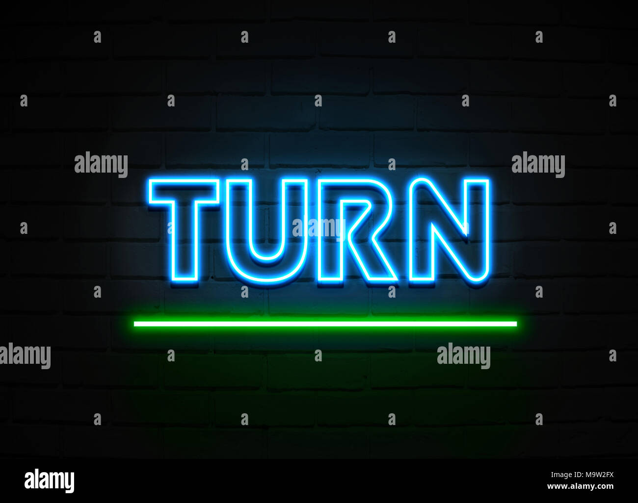 Turn neon sign - Glowing Neon Sign on brickwall wall - 3D rendered royalty free stock illustration. Stock Photo