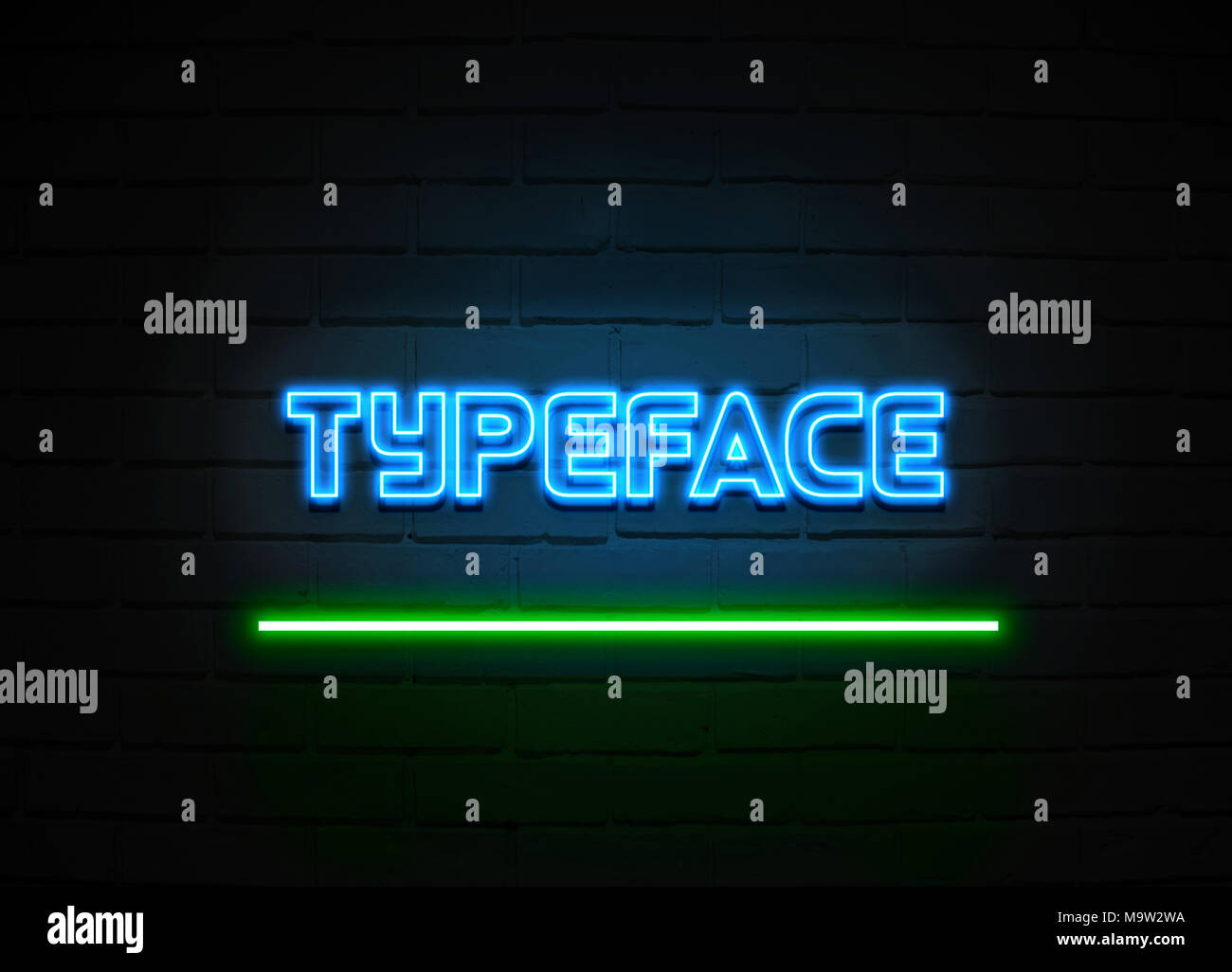 Typeface neon sign - Glowing Neon Sign on brickwall wall - 3D rendered royalty free stock illustration. Stock Photo