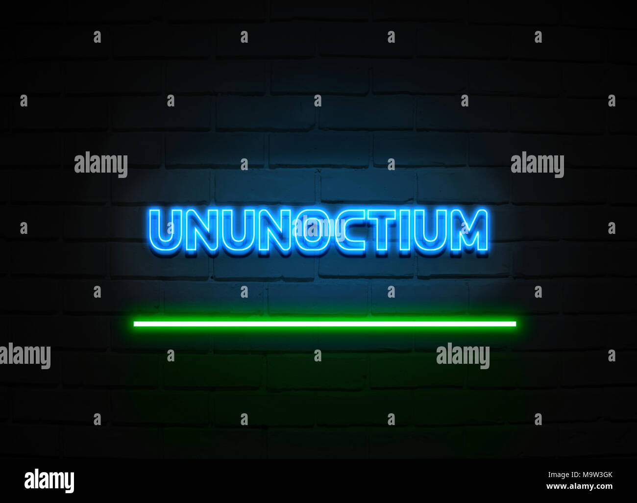 Ununoctium neon sign - Glowing Neon Sign on brickwall wall - 3D rendered royalty free stock illustration. Stock Photo