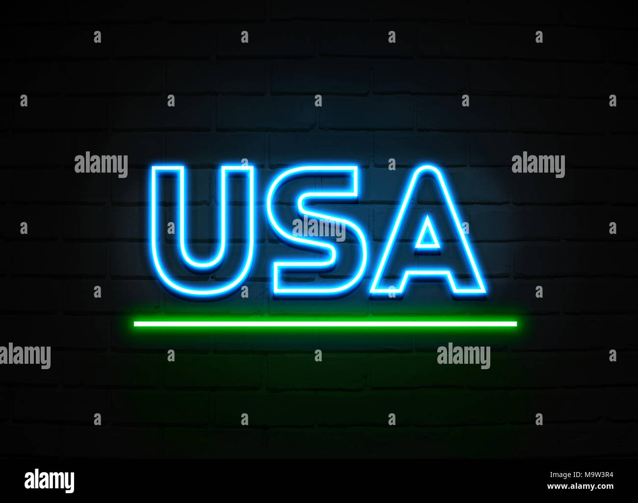 Usa neon sign - Glowing Neon Sign on brickwall wall - 3D rendered royalty free stock illustration. Stock Photo