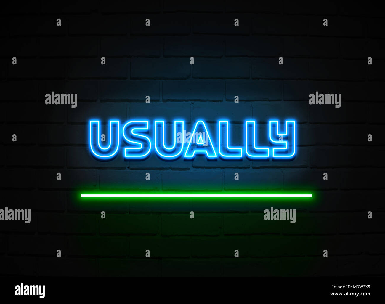 Usually neon sign - Glowing Neon Sign on brickwall wall - 3D rendered royalty free stock illustration. Stock Photo