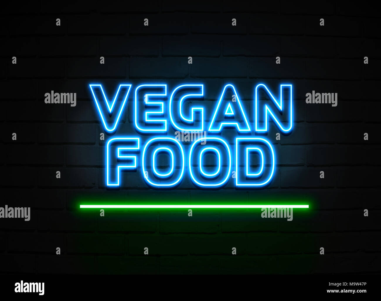 Vegan Food neon sign - Glowing Neon Sign on brickwall wall - 3D rendered royalty free stock illustration. Stock Photo