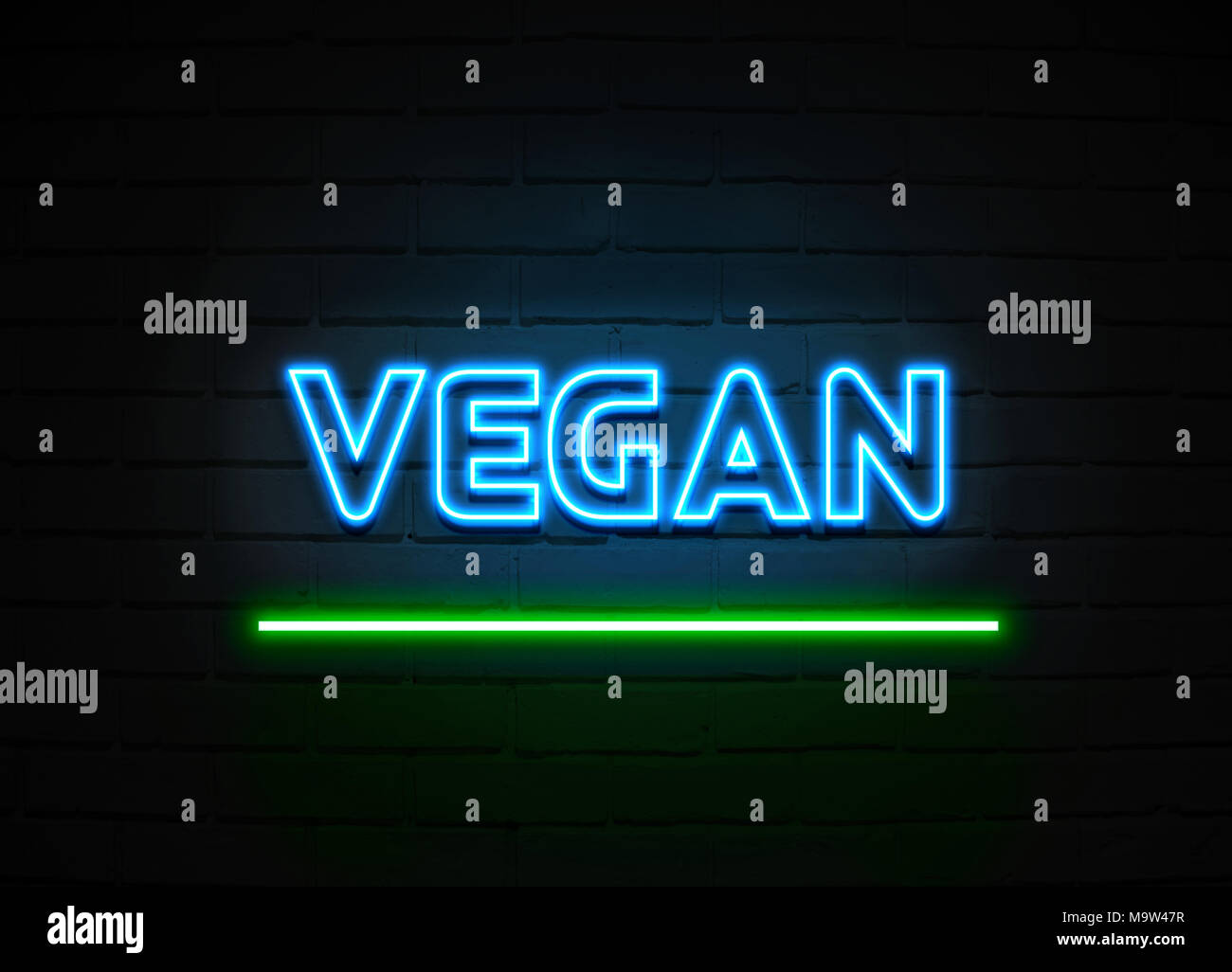 Vegan neon sign Glowing Neon Sign on brickwall wall 3D rendered