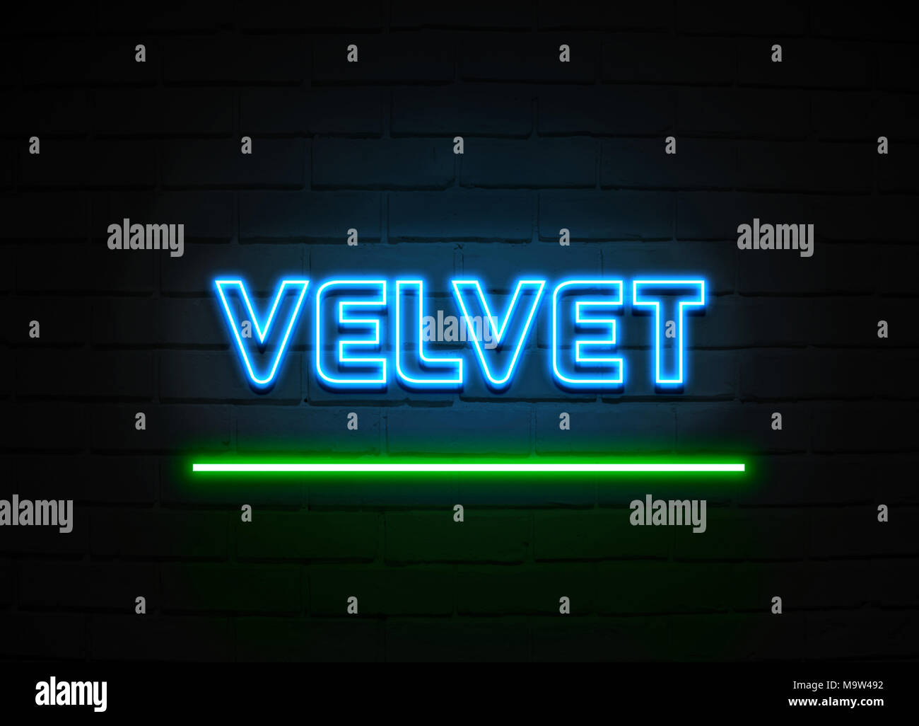 Velvet neon sign - Glowing Neon Sign on brickwall wall - 3D rendered royalty free stock illustration. Stock Photo