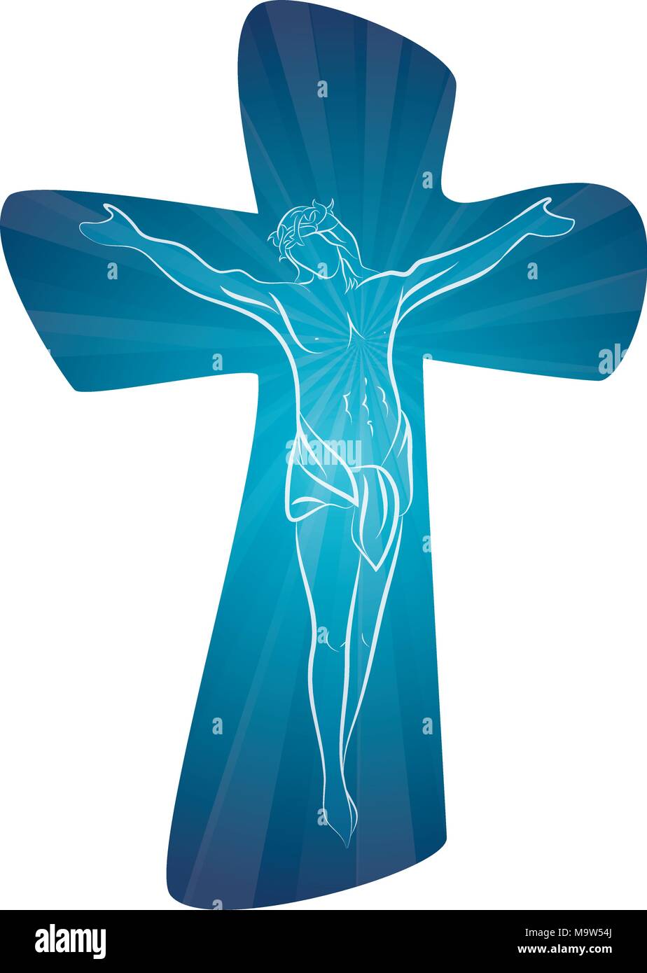 Christian cross with line art crucified jesus on blue background multiple exposure. Crucifix. Crucifixion. Religious sign Stock Vector