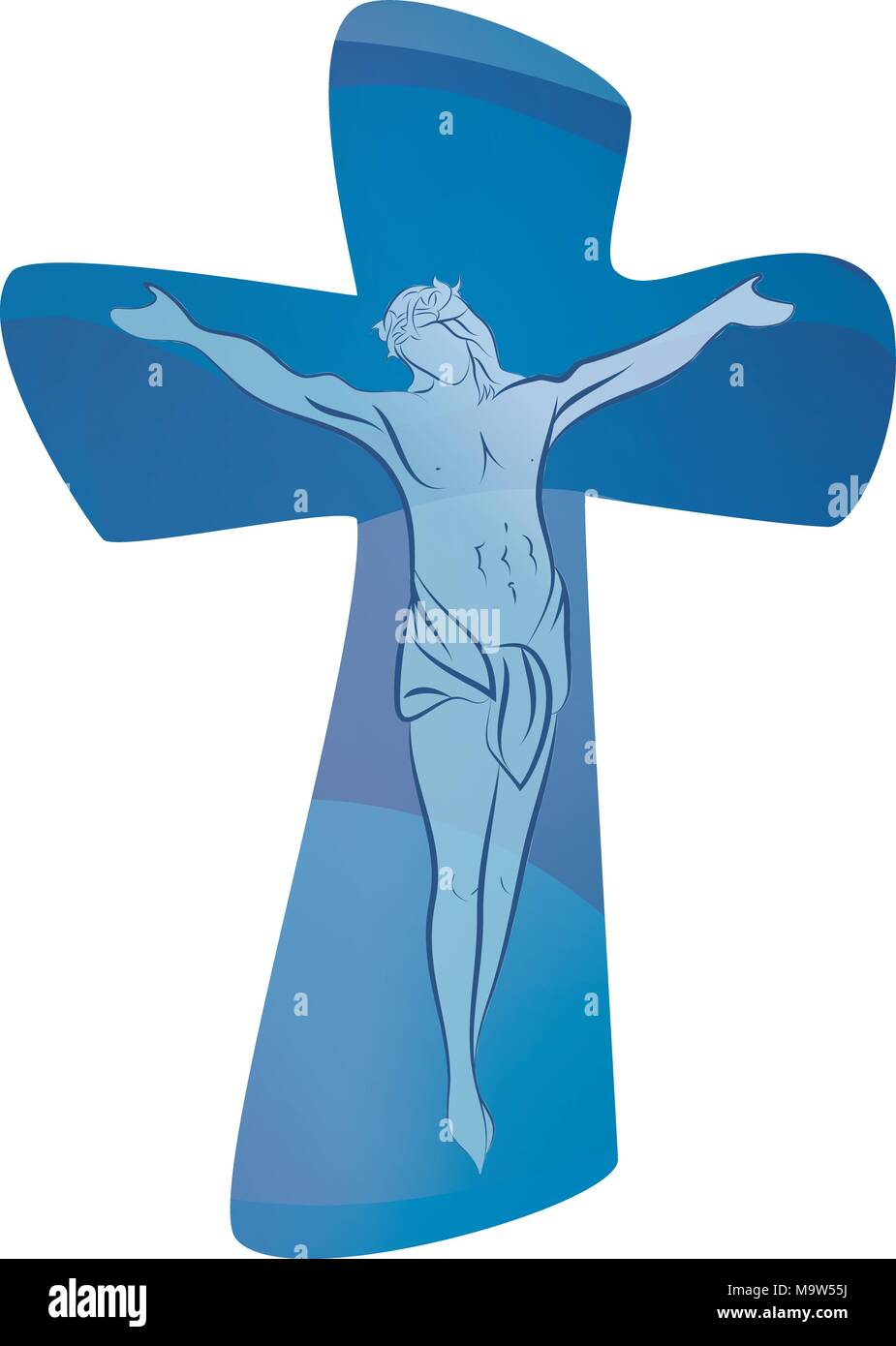 Christian cross with crucified jesus on blue background. Crucifix. Shiloutte jesus. Crucifixion. Religious sign. Multiple exposure Stock Vector