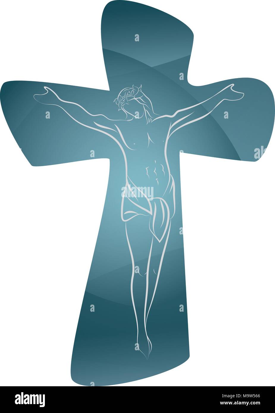 Christian cross with crucified jesus on blue background. Crucifix. Crucifixion. Religious sign. Multiple.exposure Stock Vector