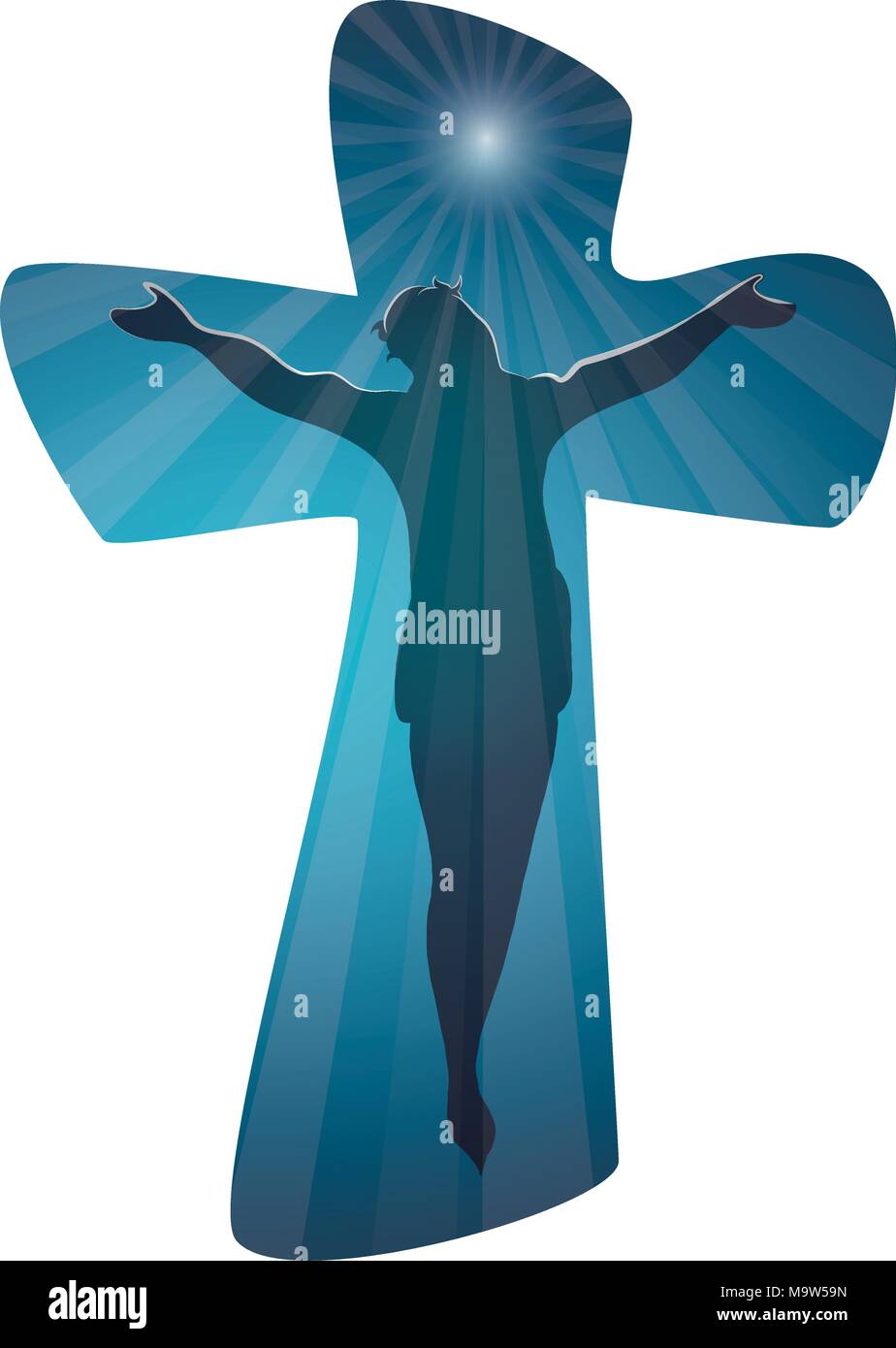 Christian cross with crucified jesus on blue background. Crucifix. Silhouette jesus. Crucifixion. Religious sign. Multiple exposure Stock Vector