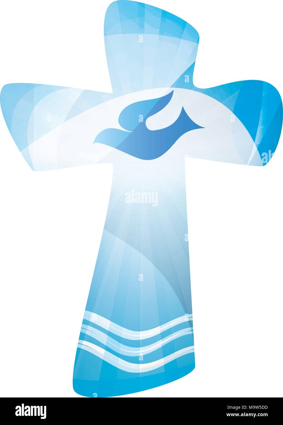 Christian cross baptism with waves of water and dove on blue background