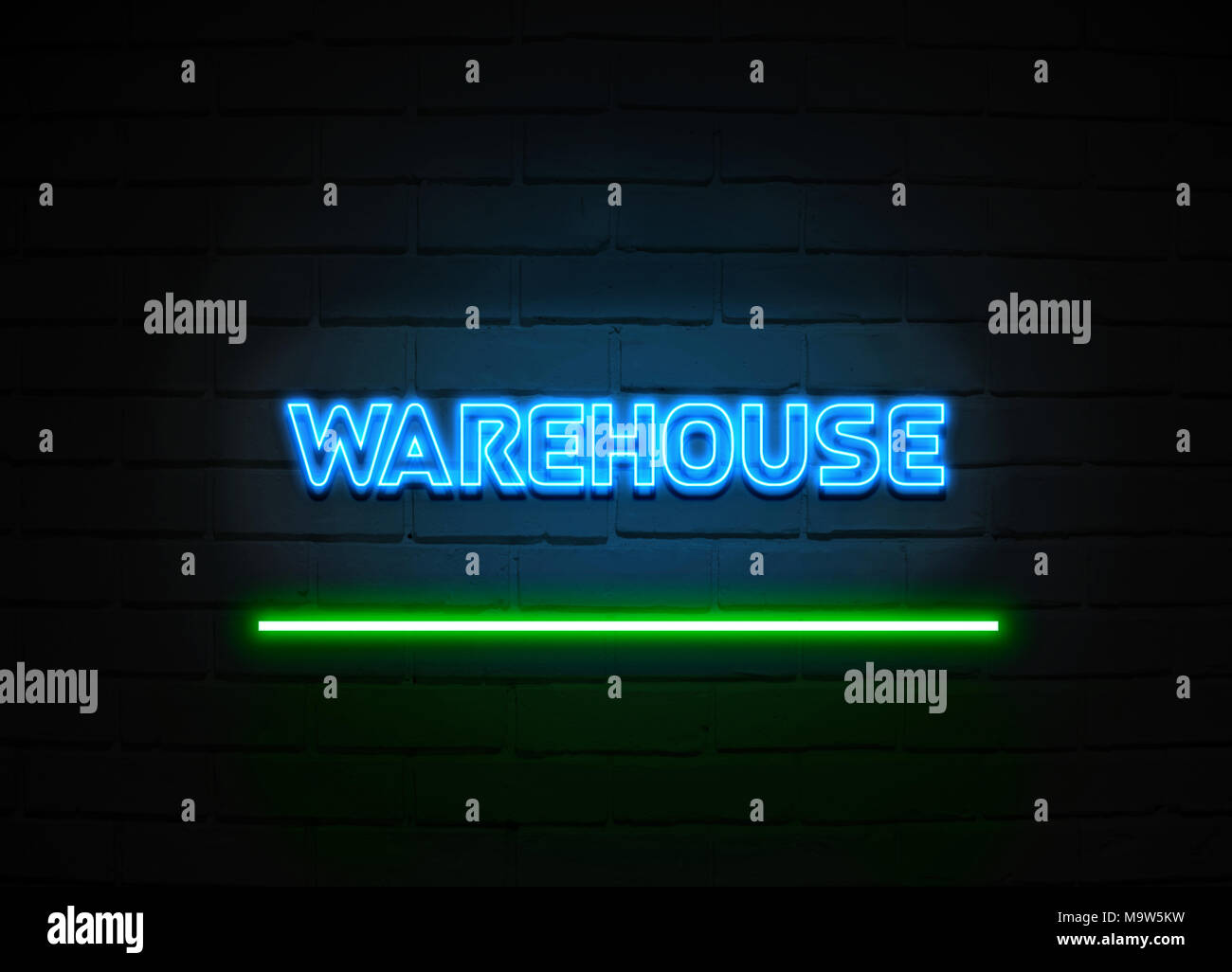 Blue and green Neon Sign On Brick Wall, night, promotion, advertising, Stock Photo