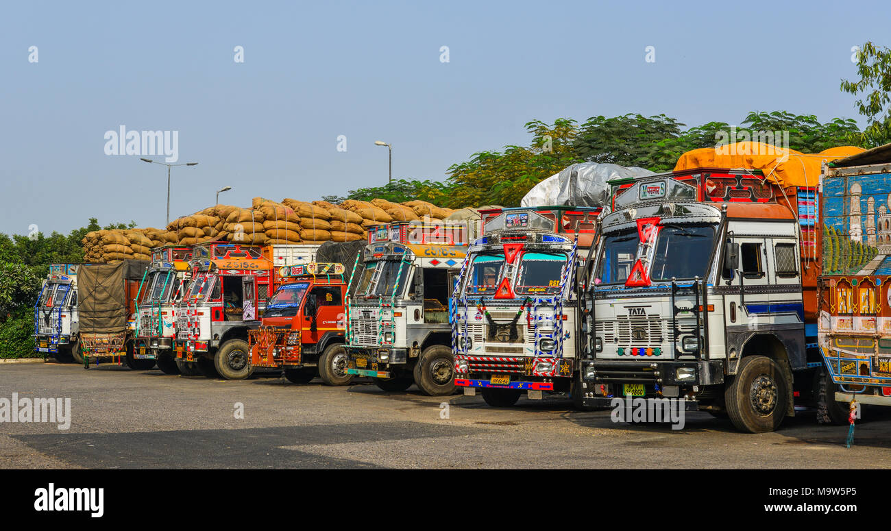 Agra, India Nov 5, 2017. Truck trailers on rest area in Agra, India