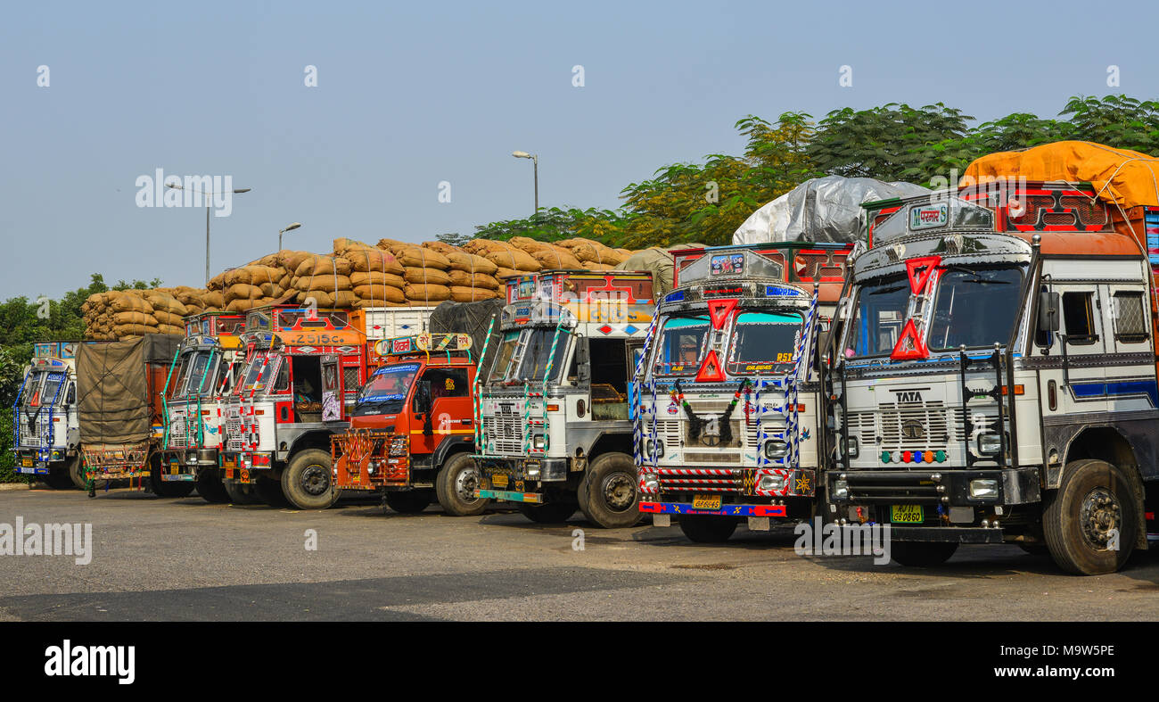 Agra, India Nov 5, 2017. Truck trailers on rest area in Agra, India