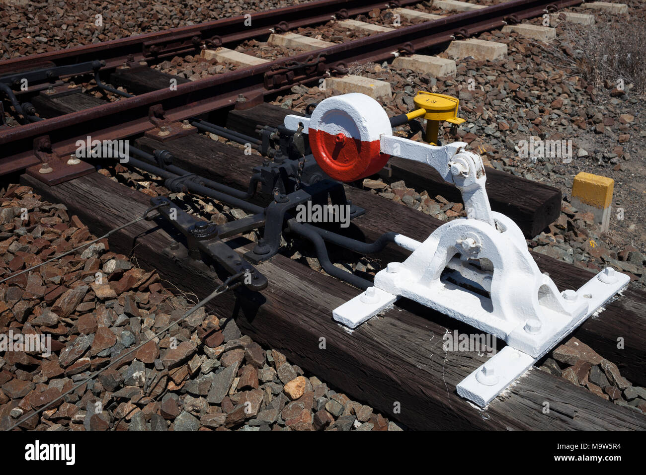 A point lever at a railway switch and track on a railway line in the