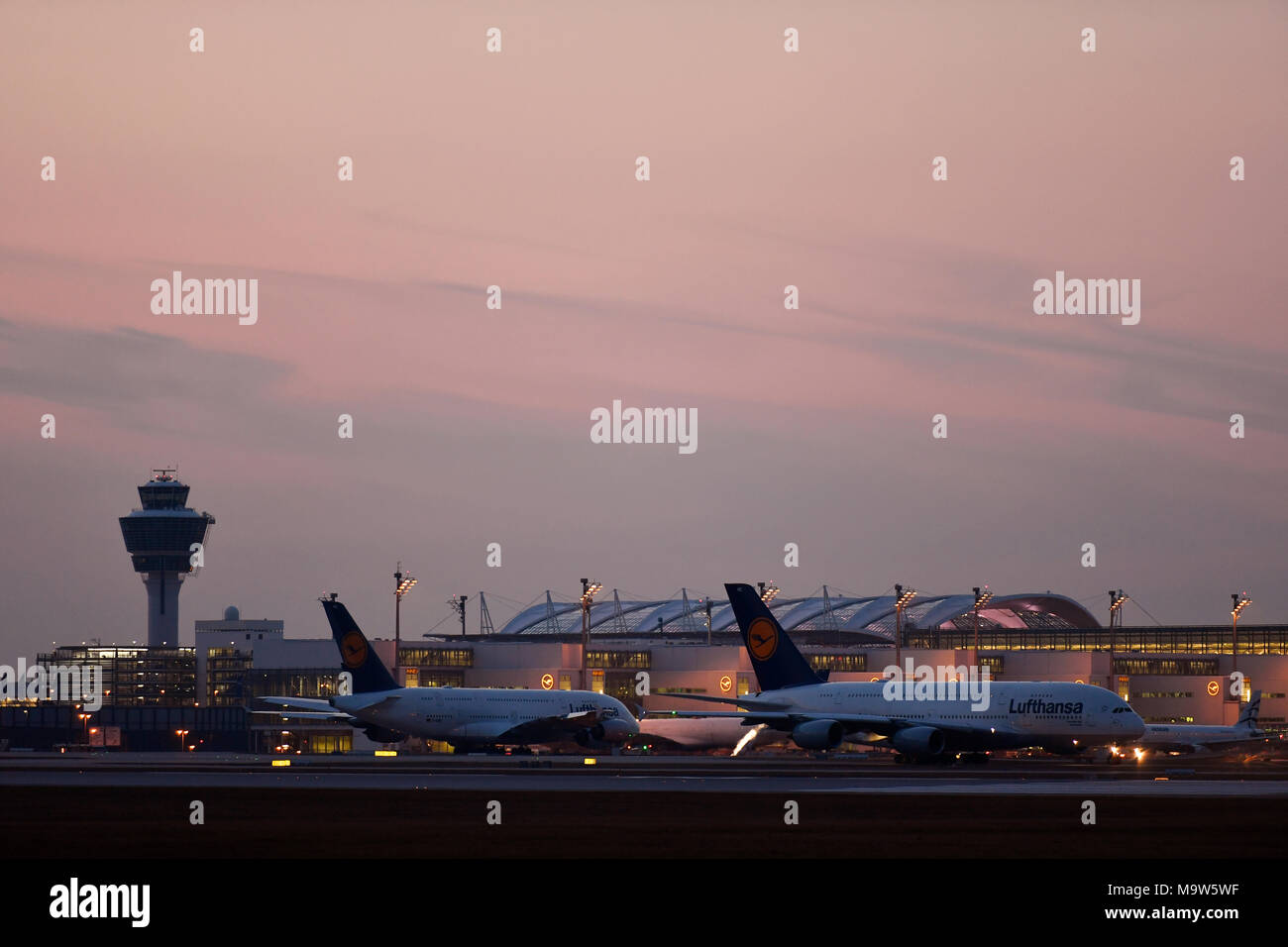 Lufthansa, Airbus A380-800, A380, 800, Airport, Munich, roll, in, out, start, take of, Terminal 1, Terminal 2, Tower, Satellit, Push Back Truck, MUC, Stock Photo