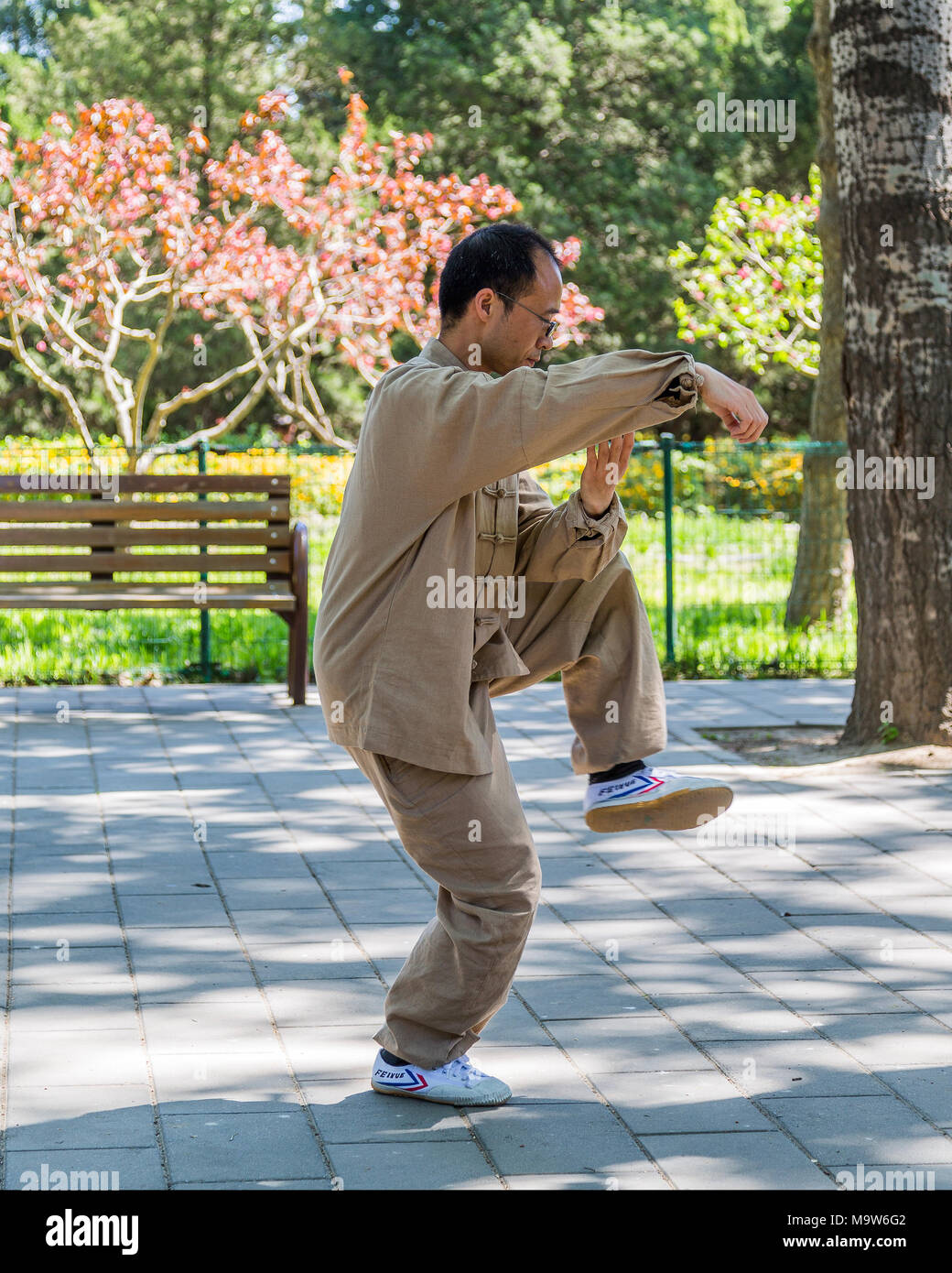 A Chinese man wearing a traditional martial arts costume practises Tai Chi in Tiantan Park, near to The Temple of Heaven, Beijing, China Stock Photo