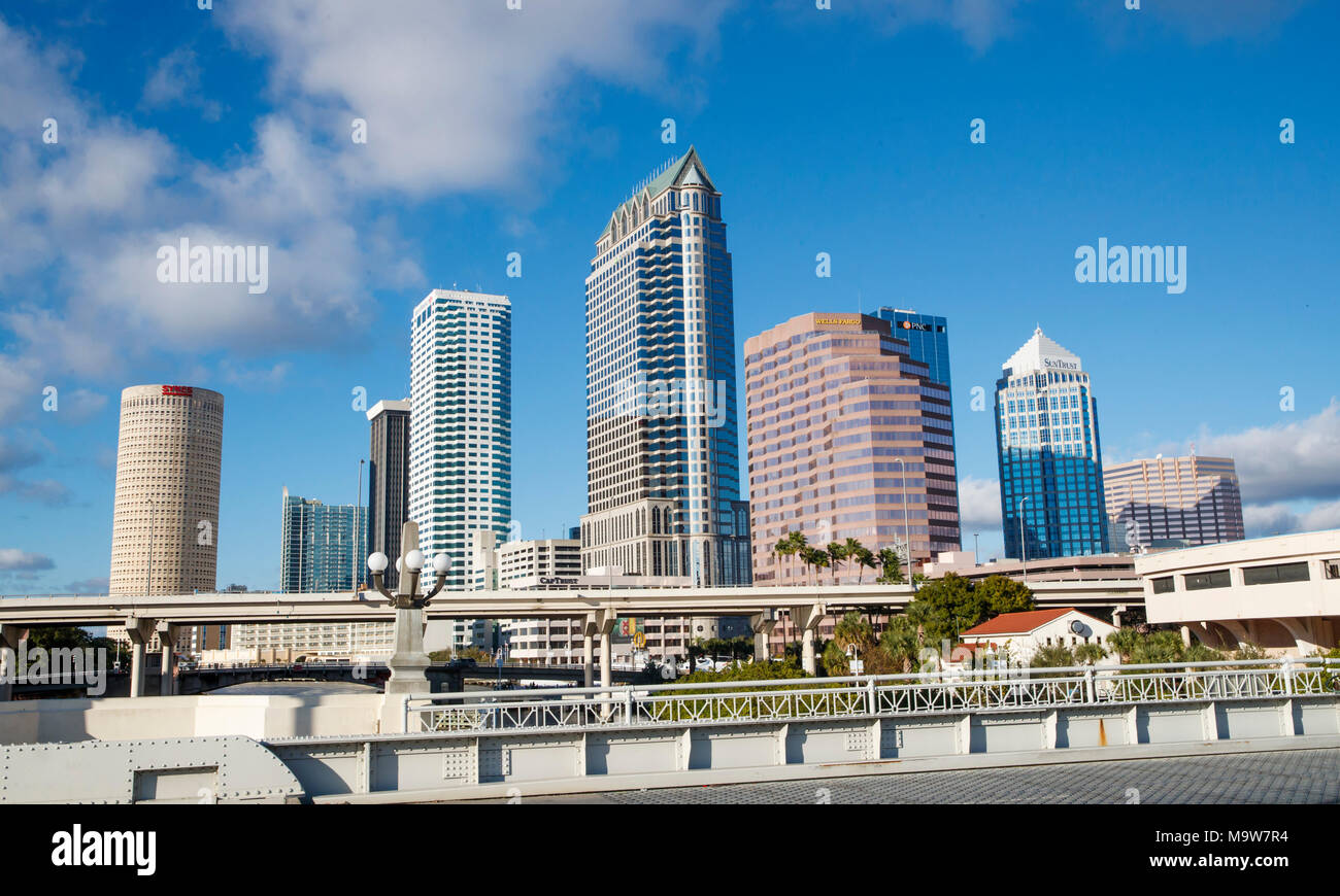 Bridges cross over the Hillsborough River and the skyline of Tampa, Florida. Stock Photo