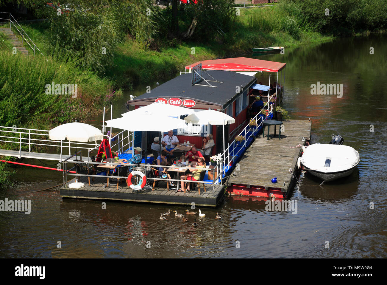 Swimming Restaurant & Cafe HIDDOS ARCHE on river Jeetzel, Hitzacker (Elbe), Lower Saxony, Germany, Europe Stock Photo