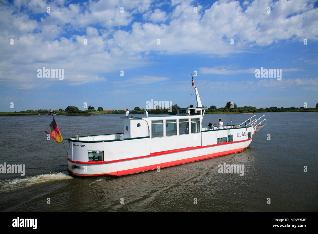 Biker ferry acros river Elbe, Hitzacker (Elbe), Lower Saxony, Germany, Europe Stock Photo