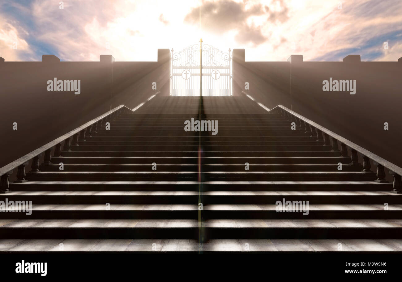 A depiction of the pearly gates of heaven closed with the bright side contrasting with the duller foreground and a stairway leading up to it - 3D rend Stock Photo