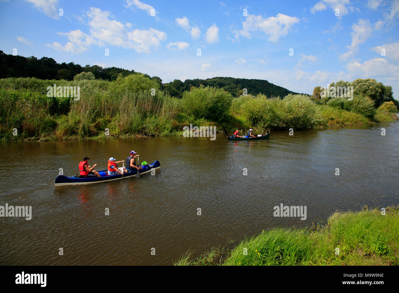 Canoes on river Jeetzel, Hitzacker (Elbe), Lower Saxony, Germany, Europe Stock Photo