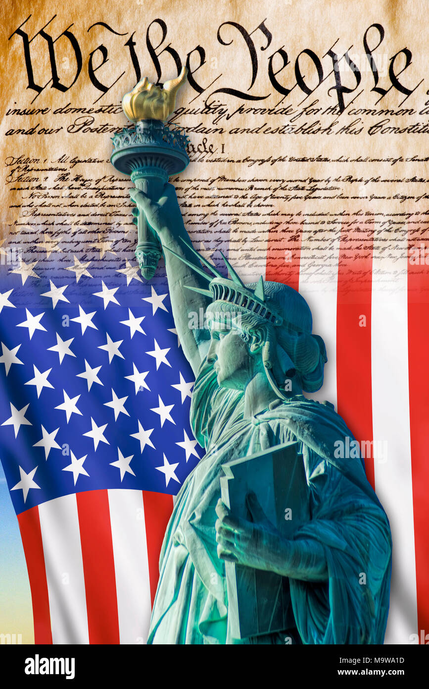 We the People with American flag and Statue of Liberty. Stock Photo