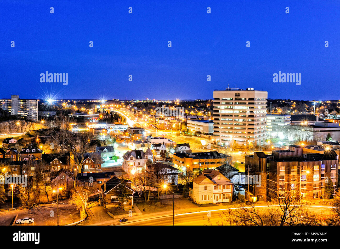 a night scene of the city lights in Sudbury, Ontario Stock Photo