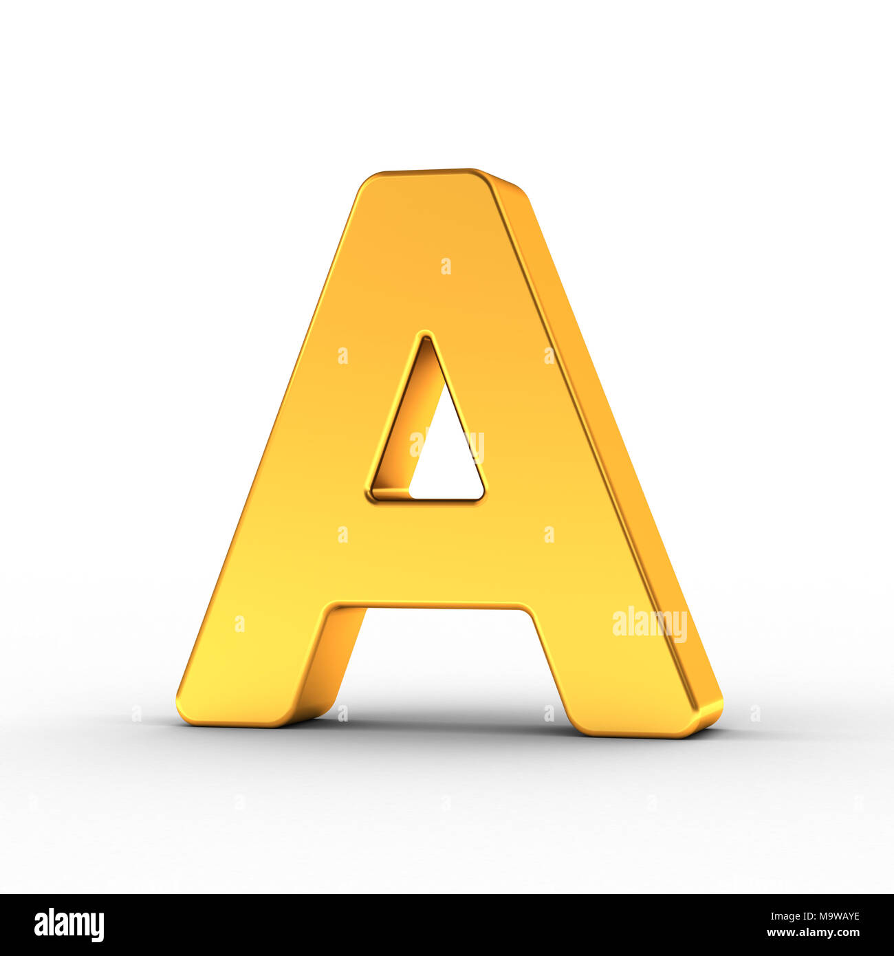 The Letter A as a polished golden object over white background with clipping path for quick and accurate isolation. Stock Photo