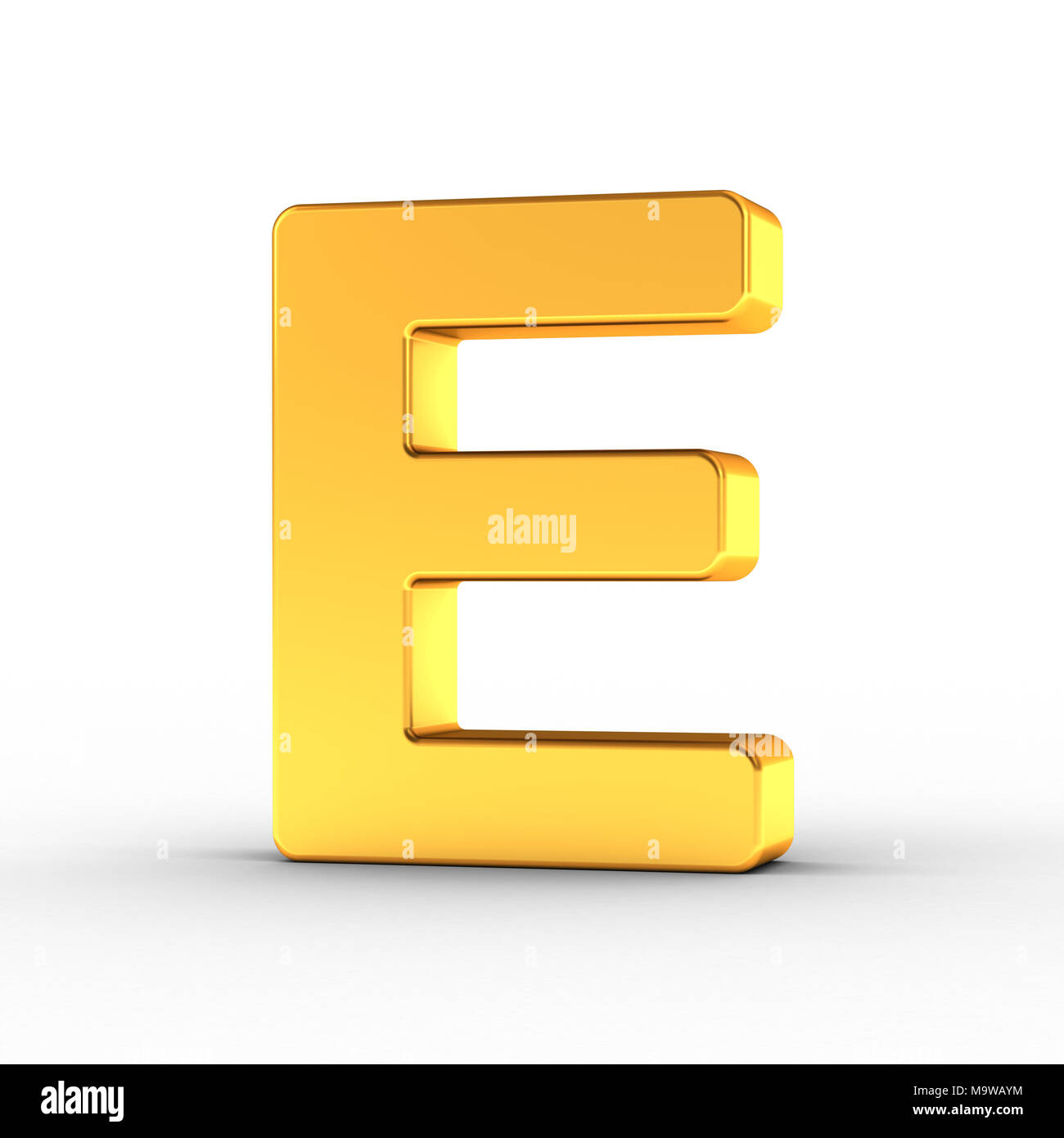 The Letter E as a polished golden object over white background with clipping path for quick and accurate isolation. Stock Photo
