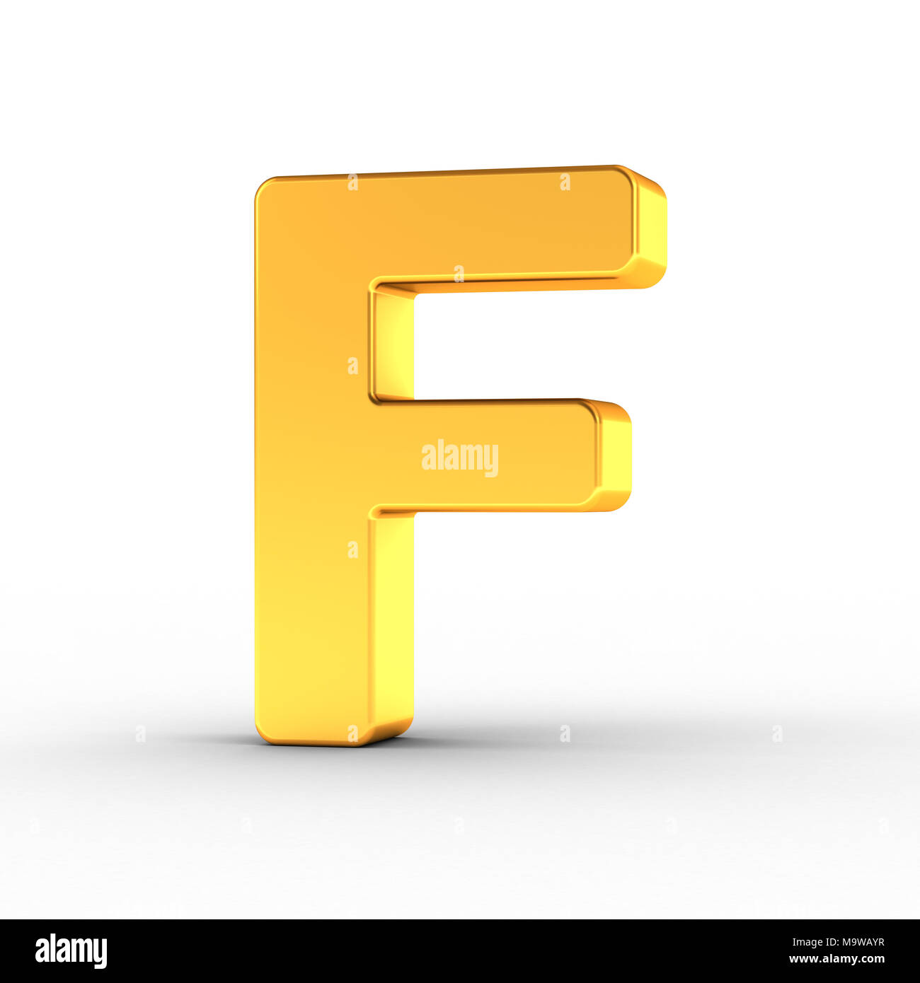 The Letter F as a polished golden object over white background with clipping path for quick and accurate isolation. Stock Photo