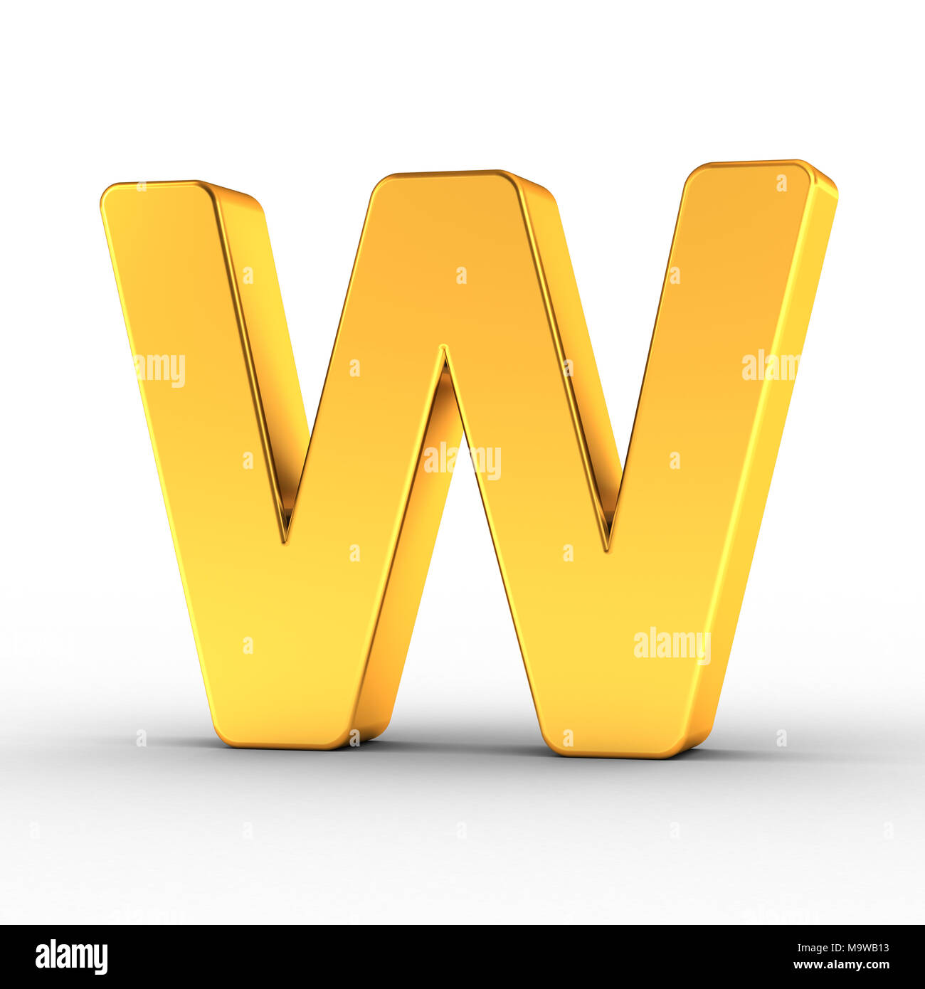The Letter W as a polished golden object over white background with clipping path for quick and accurate isolation. Stock Photo