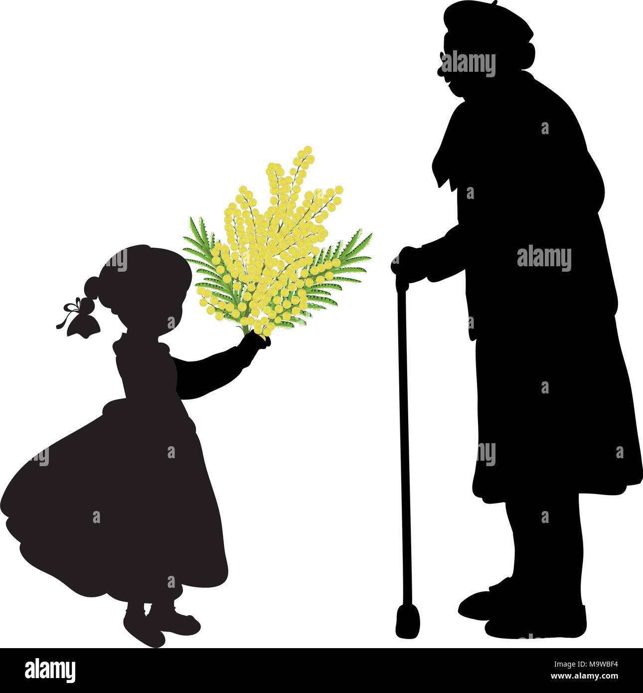 Silhouette girl gives grandmother flowers Stock Vector