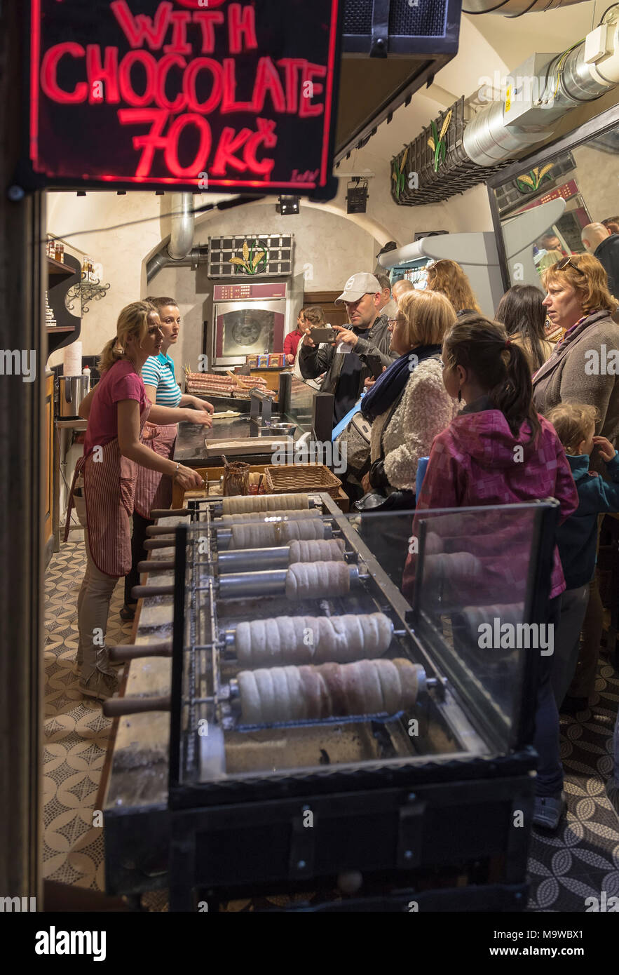 PRAGUE, CZECH REPUBLIC - MAY 02, 2015: A small bakery where they bake trdelniki - national sweet buns on May 2, 2015. Stock Photo