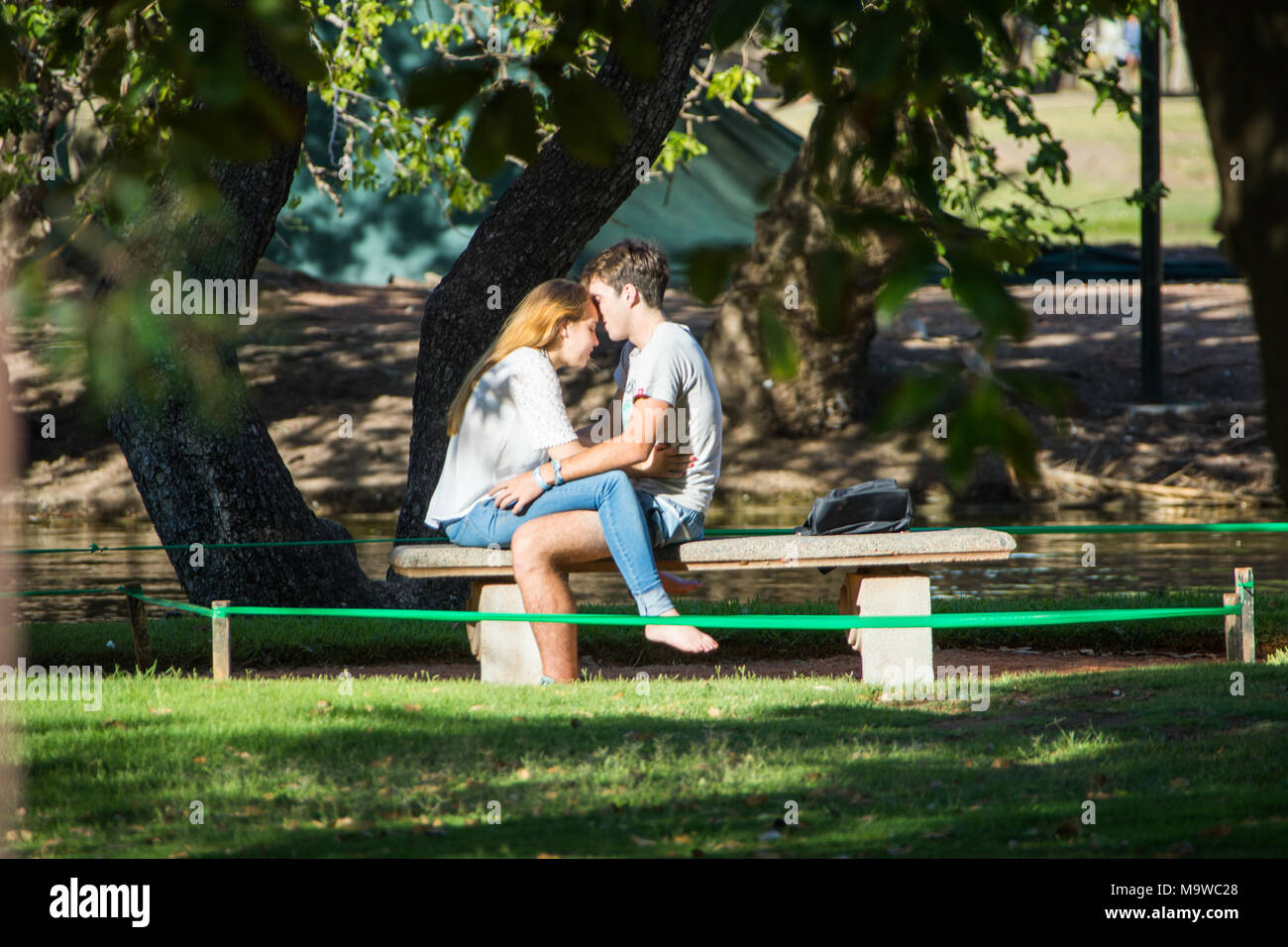 Romantic young couple in Parque 3 De Febrero, Buenos Aires, Argentina Stock Photo