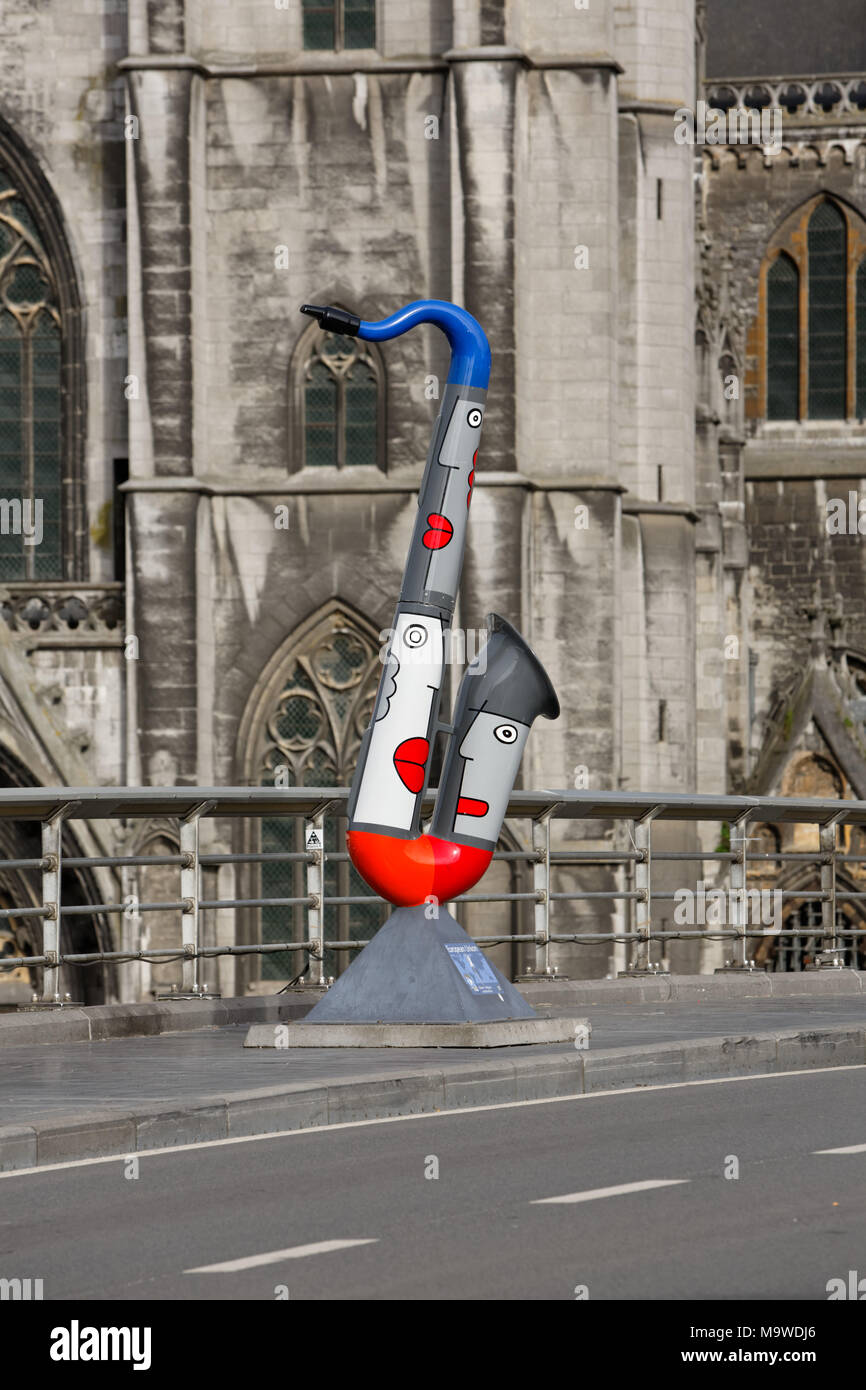 Dinant, Belgium. Sax sculpture on the bridge. Stock Photo