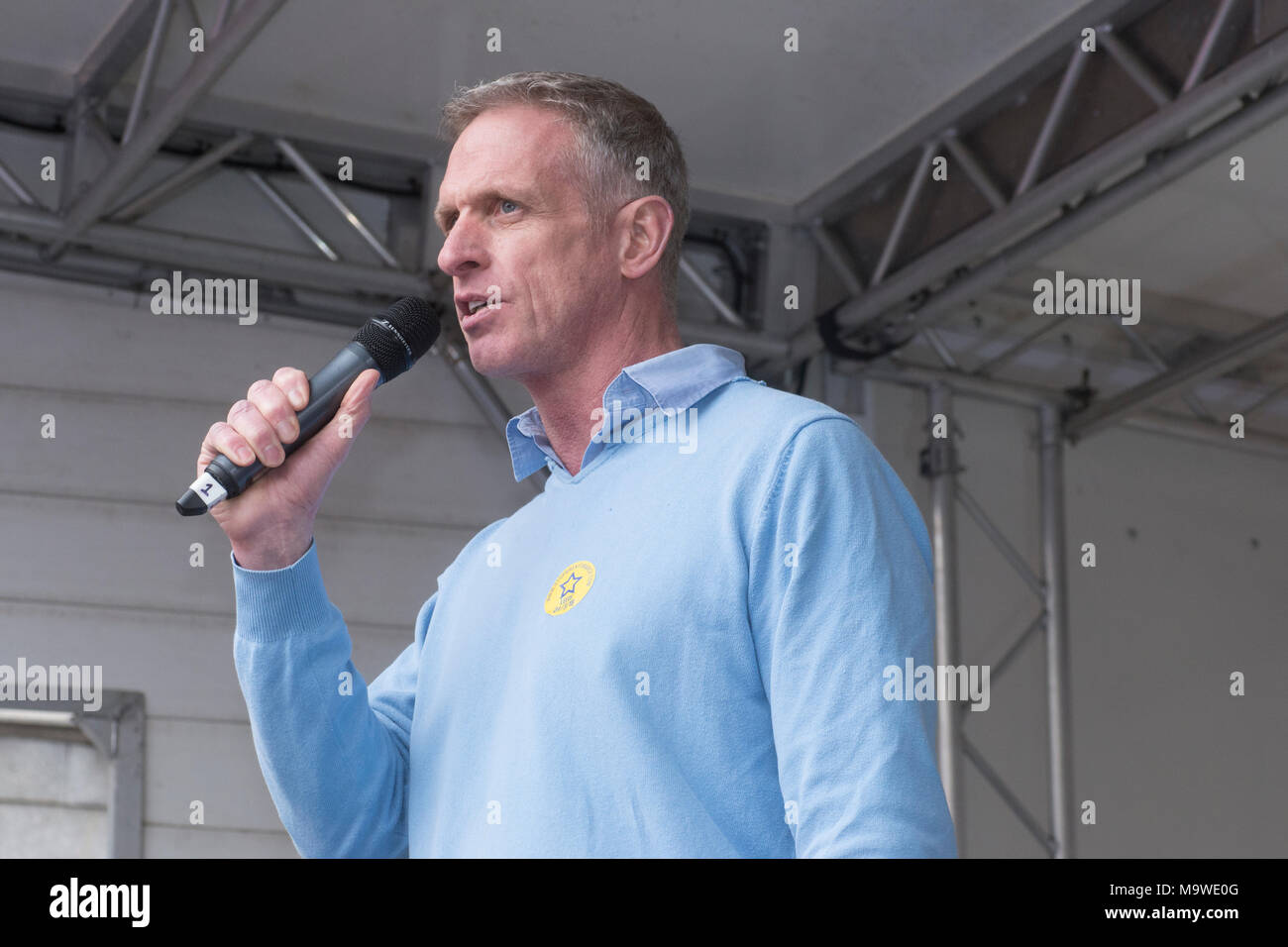 24/03/2018: Leeds: United Kingdom: Peter French (from Stopbrexit Ltd) introducing speakers at the Great Northern March Rally against Brexit organised  Stock Photo
