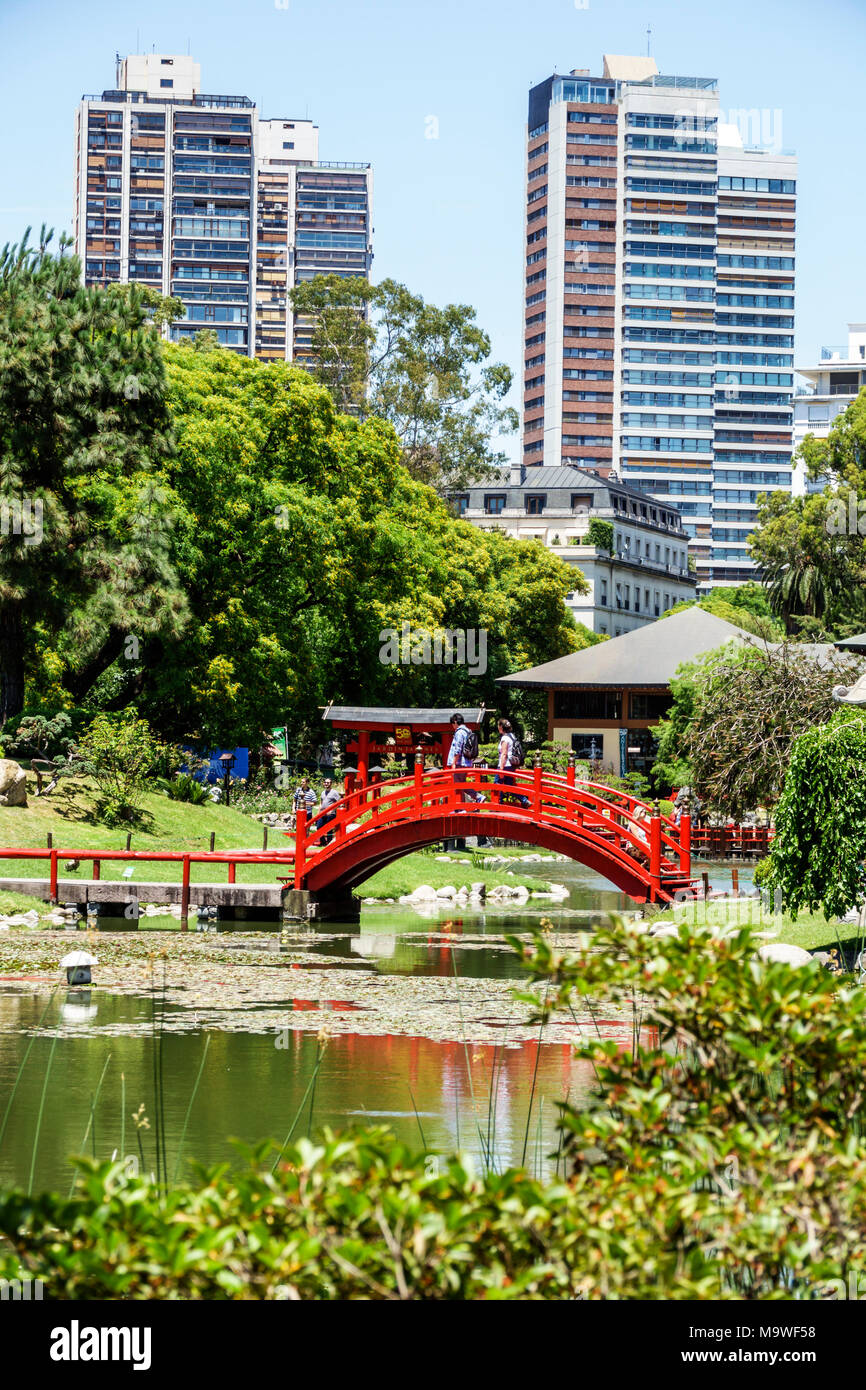 Buenos Aires Argentina,Recoleta,Japanese Garden Jardin Japones,botanical,carp lake,red bridge,trees,skyline,Hispanic,ARG171130106 Stock Photo