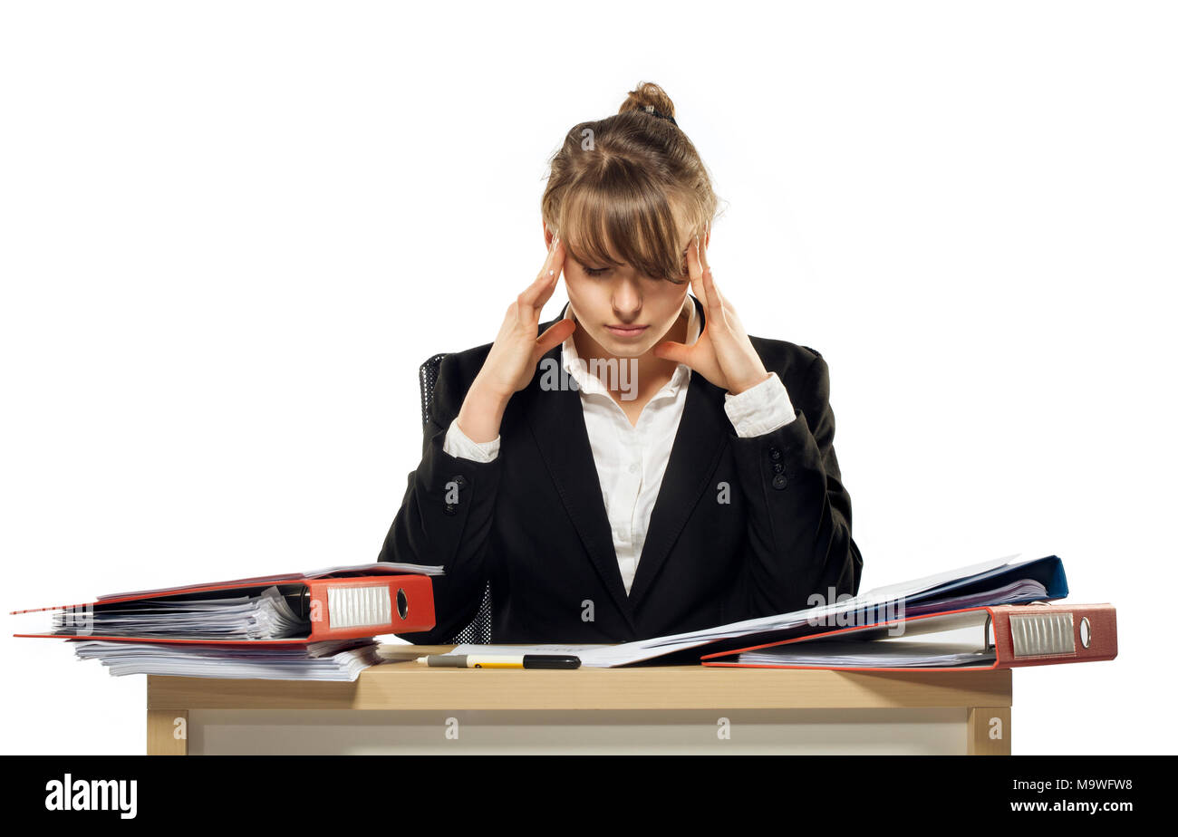 business concept, woman leader working till late, headache, deadline and tired, isolated on white background Stock Photo