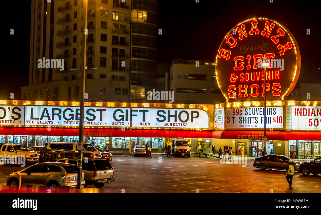 Neon sign for the Bonanza Gift and Souvenir Shops. Las Vegas, Narvarda, U.S.A. Stock Photo