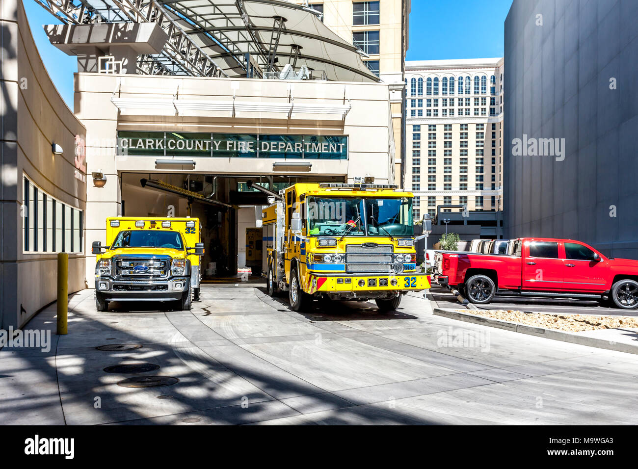 Clark County Fire Department, Fire truck parked up near the Vdara hotel and spar, Las Vegas, U.S.A. Stock Photo