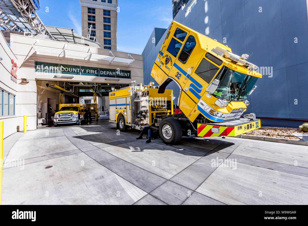 Clark County Fire Department, Fire truck parked up near the Vdara hotel and spar, Las Vegas, U.S.A. Stock Photo
