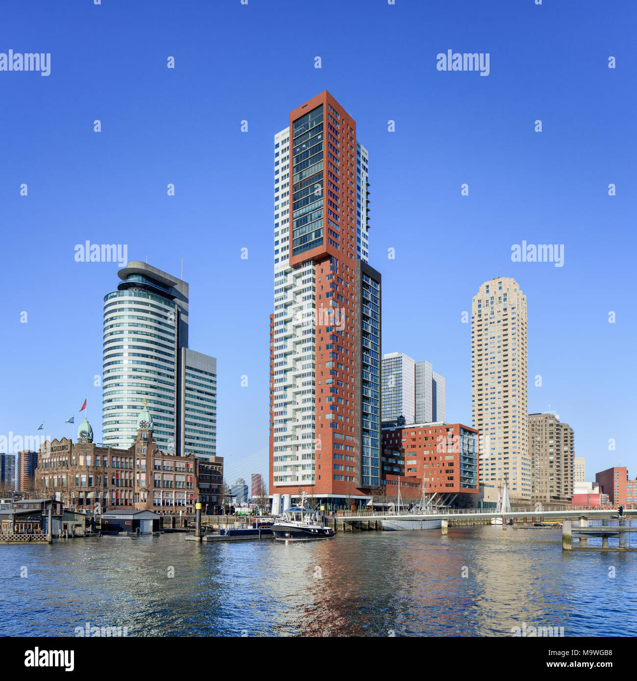 ROTTERDAM-FEBRUARY 7, 2018. Hotel New York, Montevideo tower and world Port at Kop van Zuid, a relatively new area on the south bank of the Maas. Stock Photo