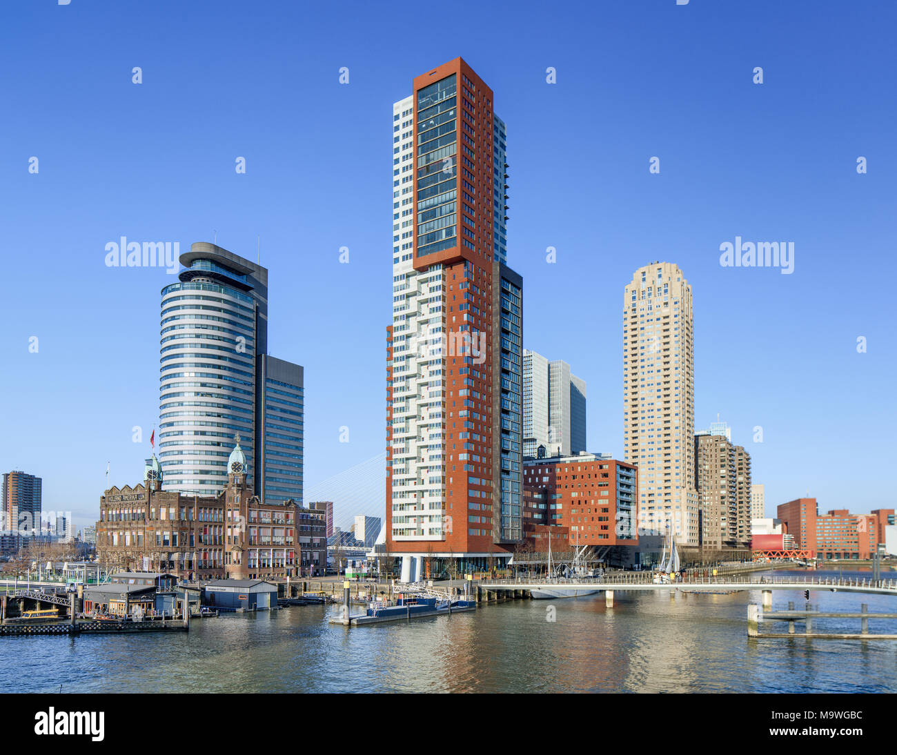 ROTTERDAM-FEBRUARY 7, 2018. Hotel New York, Montevideo tower and world Port at Kop van Zuid, a relatively new area on the south bank of the Maas. Stock Photo